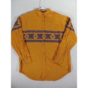 Vintage Cristina Shirt Womens L Mustard Cotton Button-Up Made in Mexico Tribal